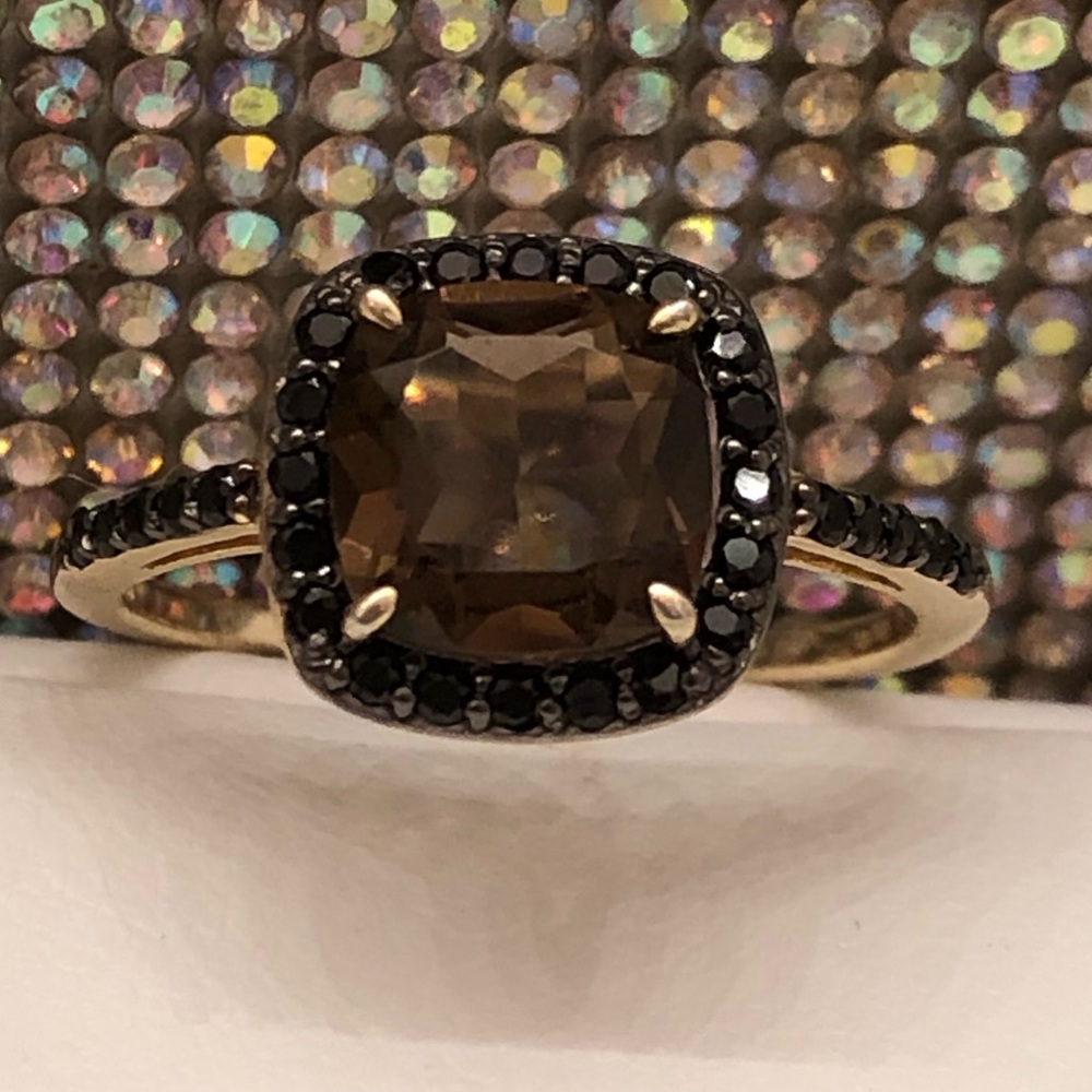 Gold Plated Smokey Quartz & Black Spinel Ring